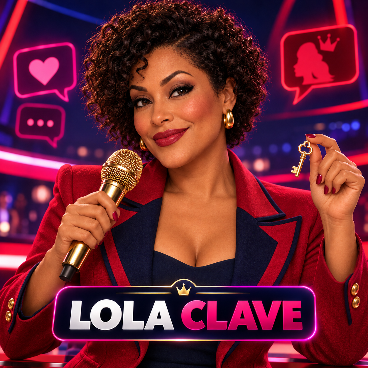 Lola Clave con micrófono y llave dorada